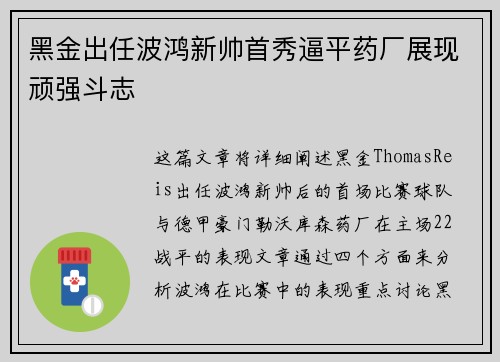黑金出任波鸿新帅首秀逼平药厂展现顽强斗志